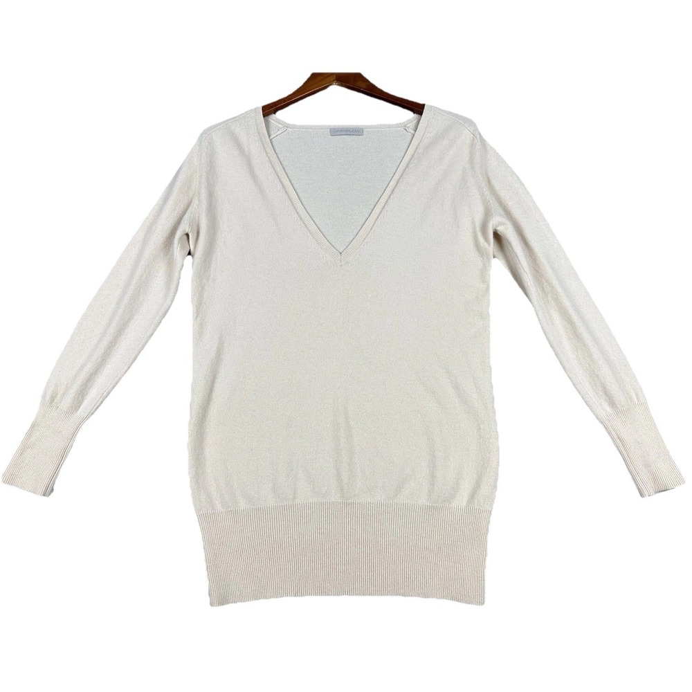 Cashflow Cashmere V-Neck Pullover Long Sleeve Sweater Medium Creamy Beige Ladies